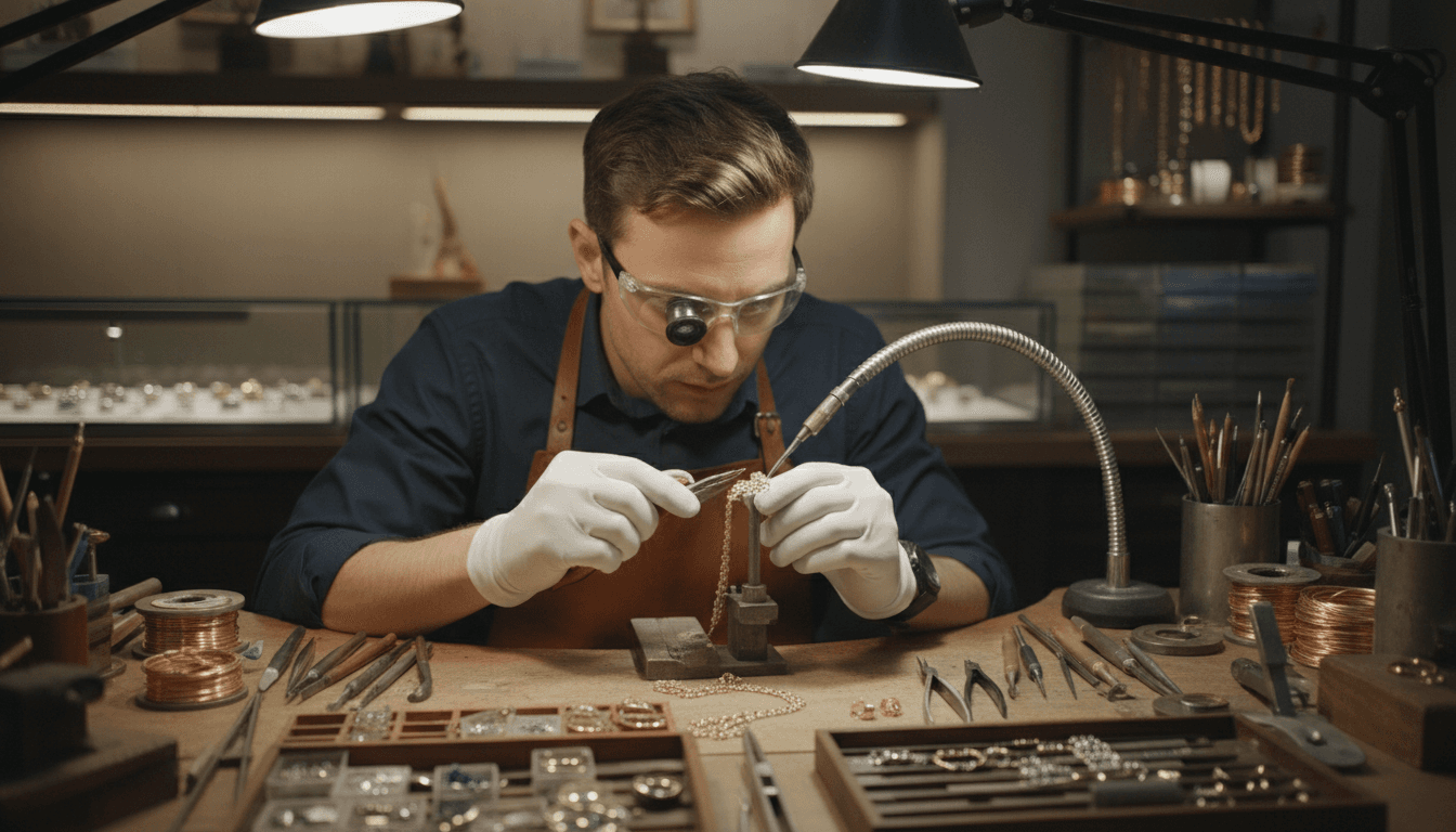 Skilled jeweler carefully repairing a piece of jewelry at a professional workbench