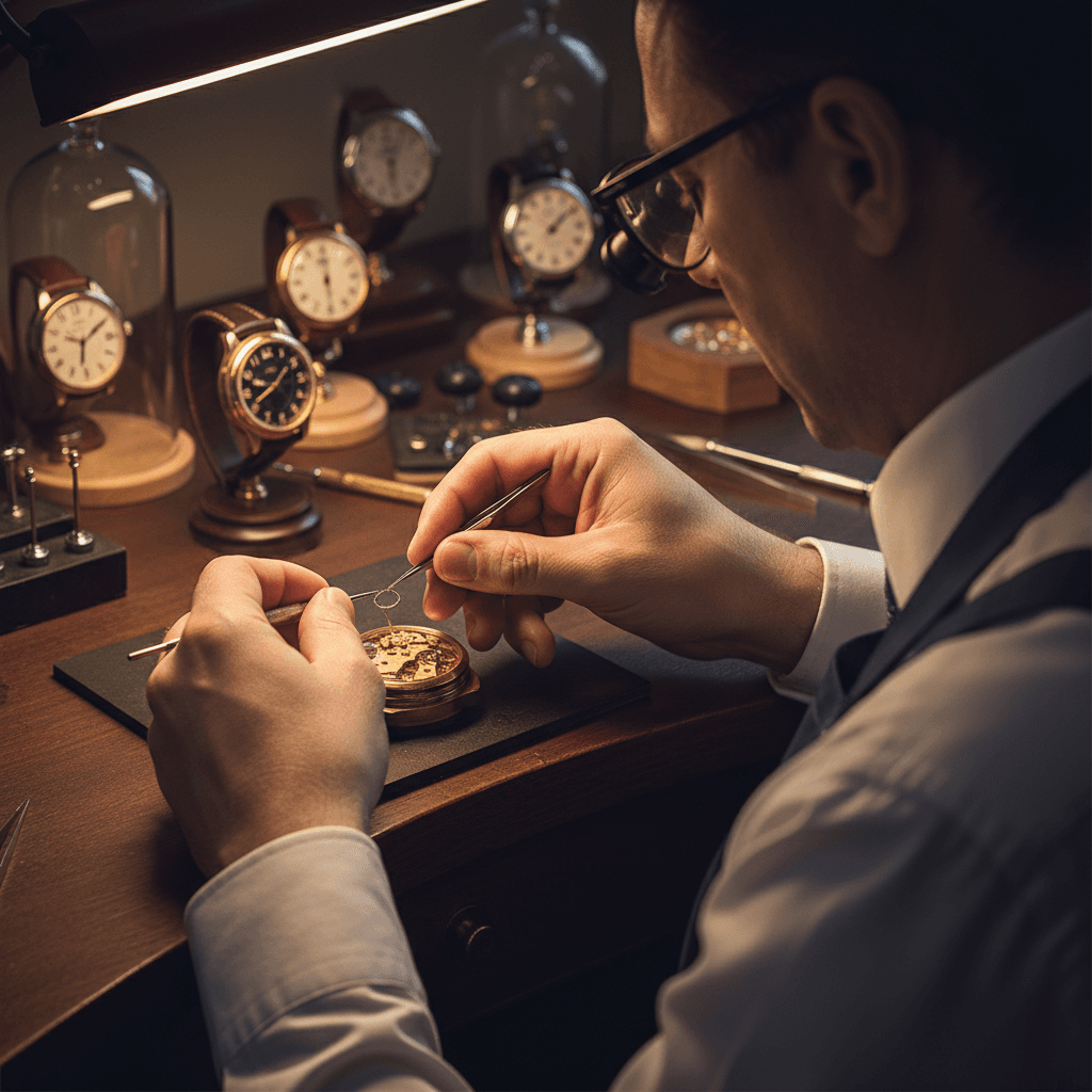 Expert jeweler carefully repairing a fine watch at workbench with professional tools