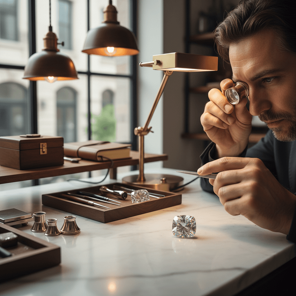 Jewelry repair specialist carefully working on watch restoration at a professional workbench